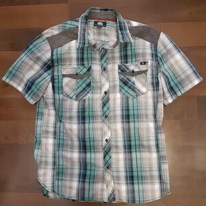 Rock & Republic Mens Teal Grey Plaid Short Sleeve Button Up Shirt Large